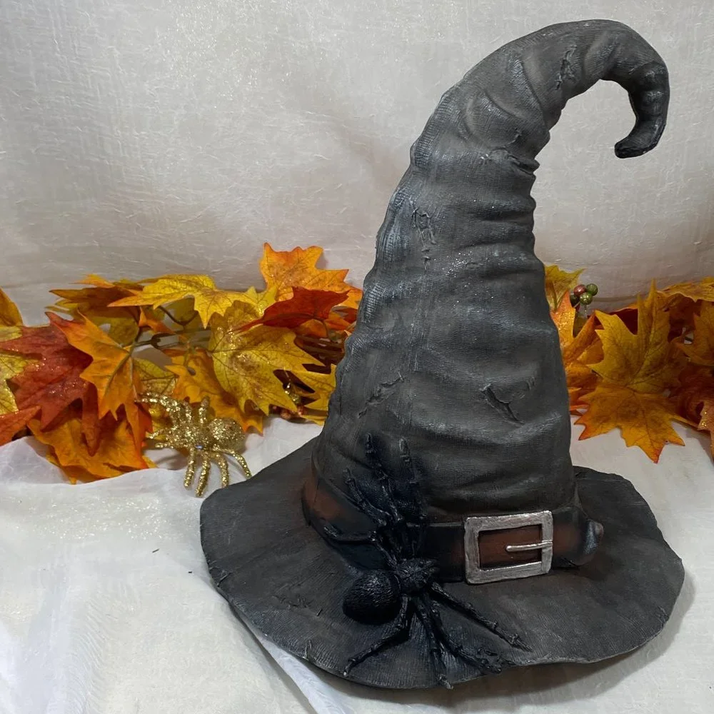 Witch Hat Halloween Prop Decor Gray Stitches Spider Centerpiece Resin Large 14